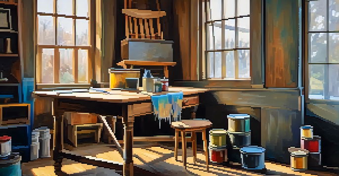 A bright workspace with tools and materials for upcycling furniture, showcasing a vintage chair being worked on.