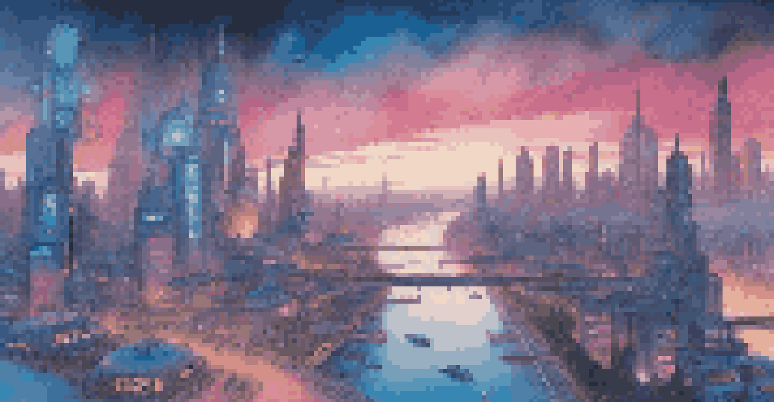 A futuristic skyline at dusk with glowing buildings and flying vehicles over a reflective river.