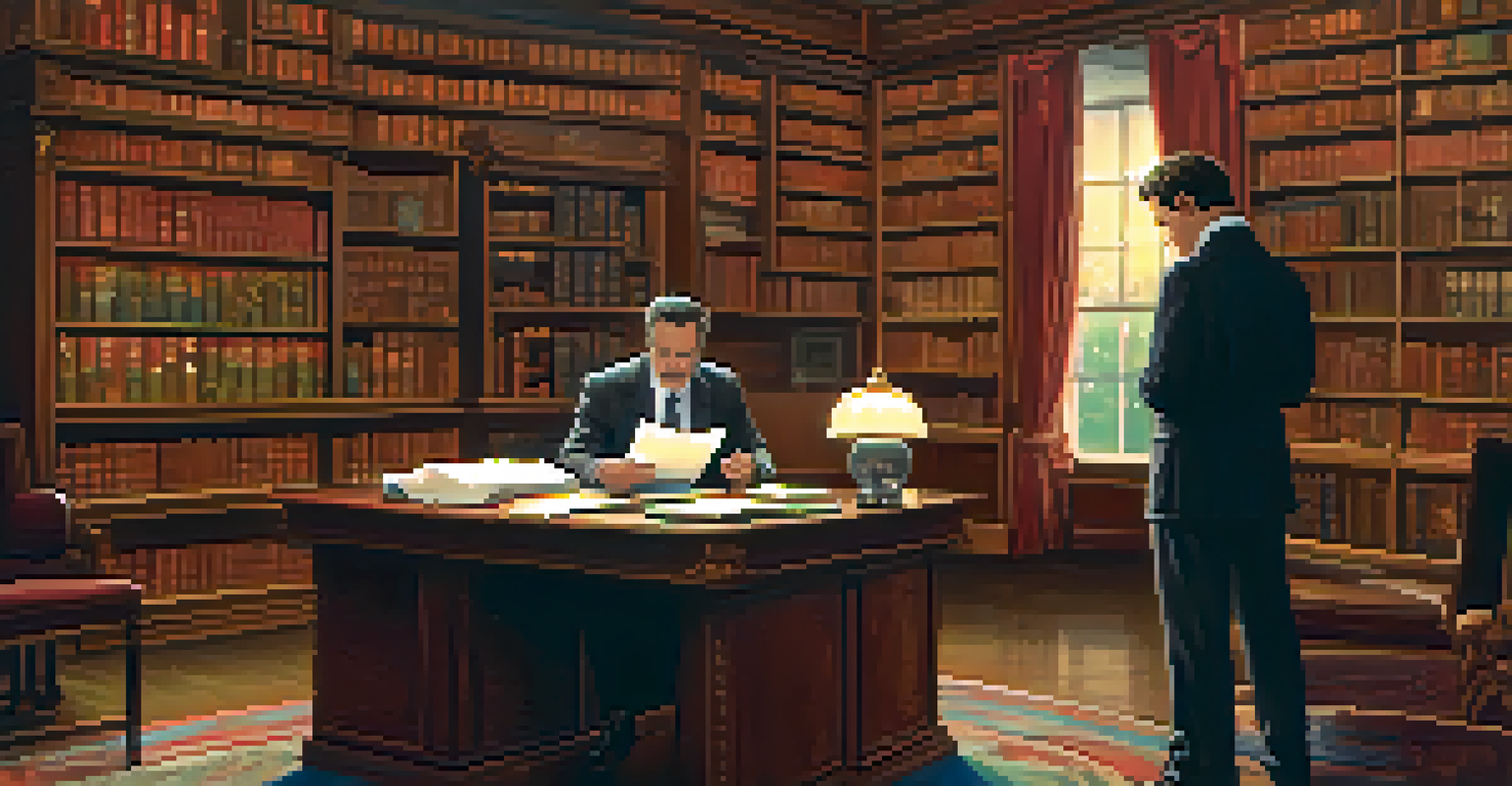 A mentalist writes down a prediction while a spectator looks on in a cozy, warmly lit room filled with books.