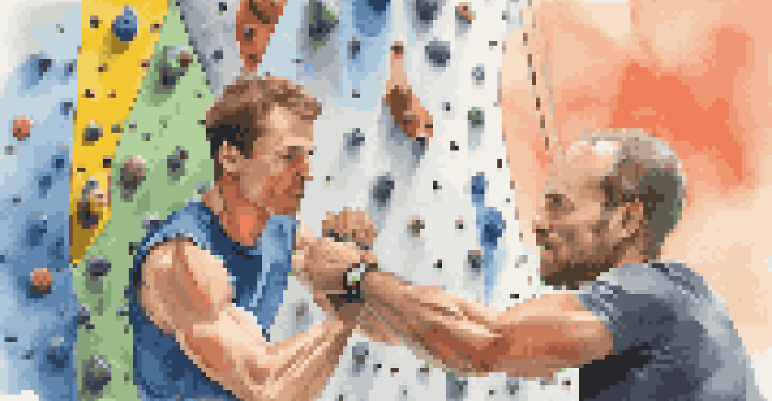An experienced climber teaching a beginner at a climbing gym, highlighting their focused expressions and the colorful climbing holds.