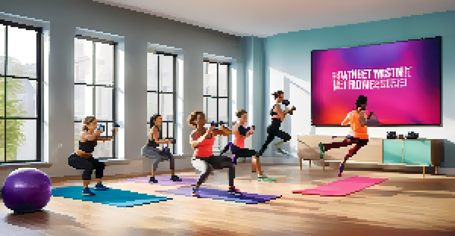 A virtual fitness class with diverse participants on a screen in a modern living room.
