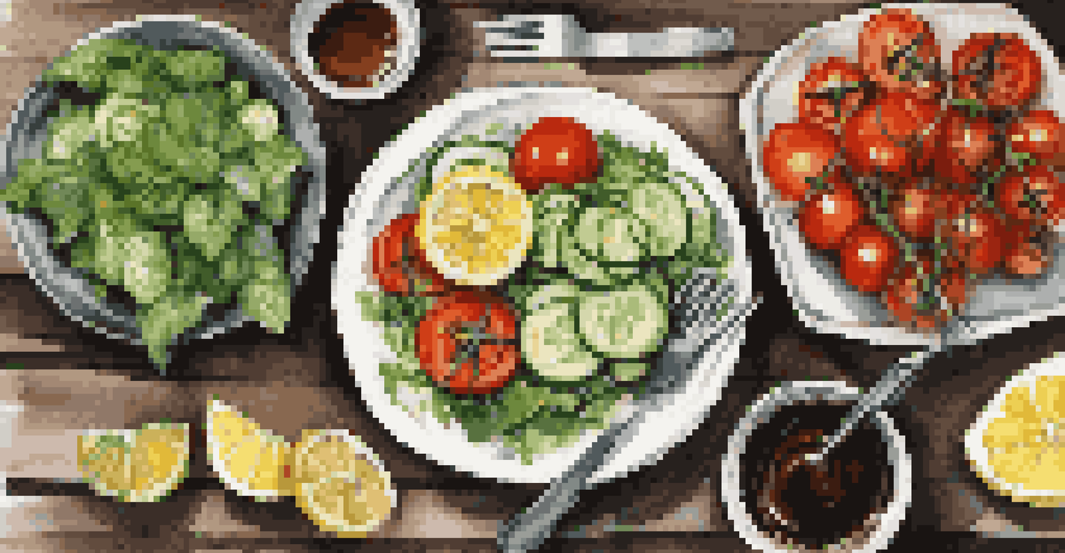 An overhead shot of a rustic table with a vibrant salad and fresh ingredients, creating an inviting atmosphere.