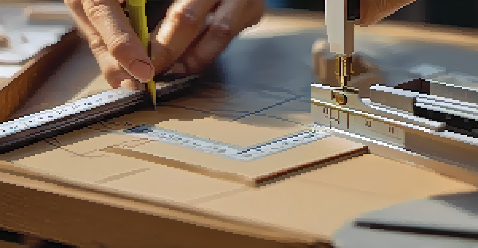 Close-up of hands measuring and cutting materials for a model building project, with tools and materials in focus.