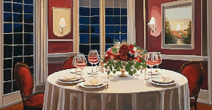 A beautifully arranged wine tasting setup with various glasses of wine, soft lighting, and flowers creating a warm atmosphere.