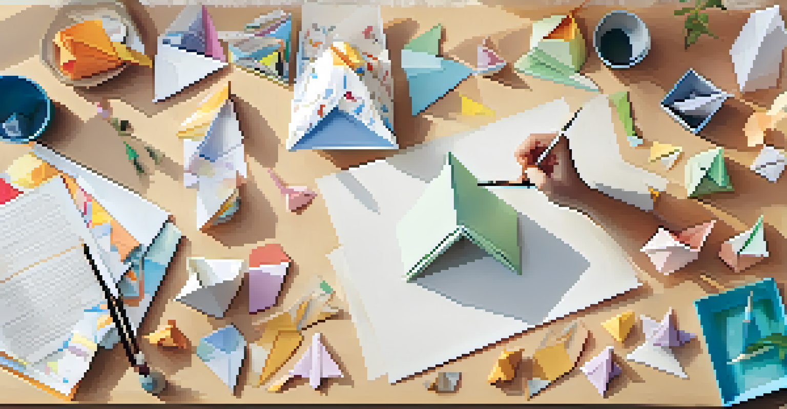 An overhead view of a tidy desk with colorful origami figures and hands folding paper, illuminated by natural light.