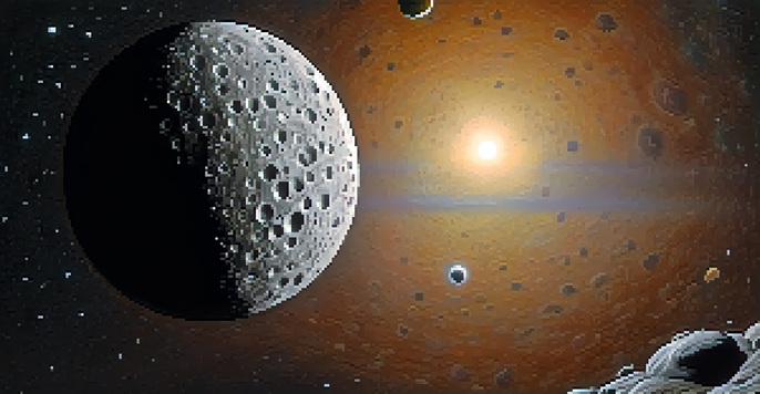 A detailed view of Mercury's surface, showing craters and shadows under sunlight, with a starry space background.