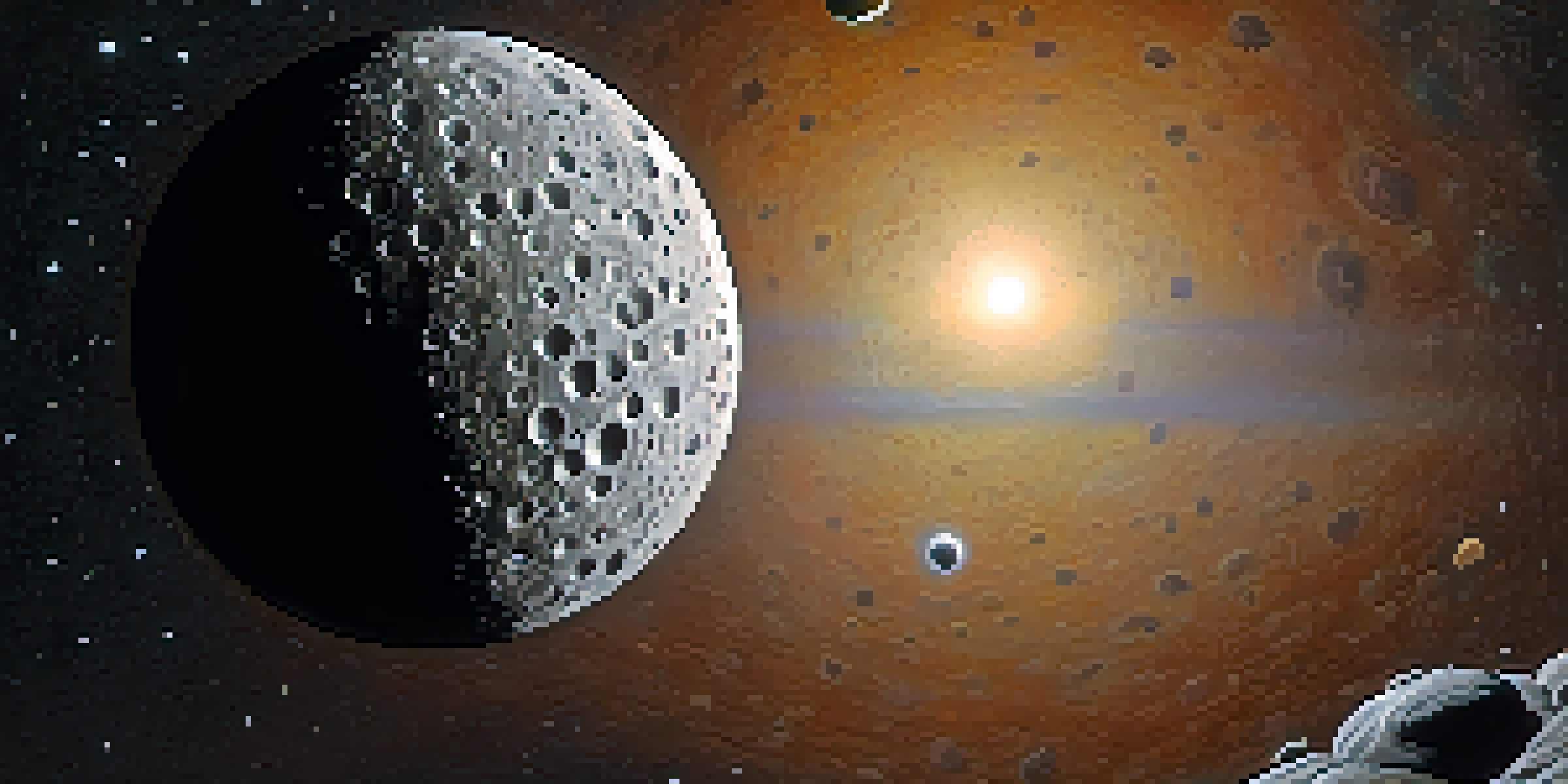 A detailed view of Mercury's surface, showing craters and shadows under sunlight, with a starry space background.