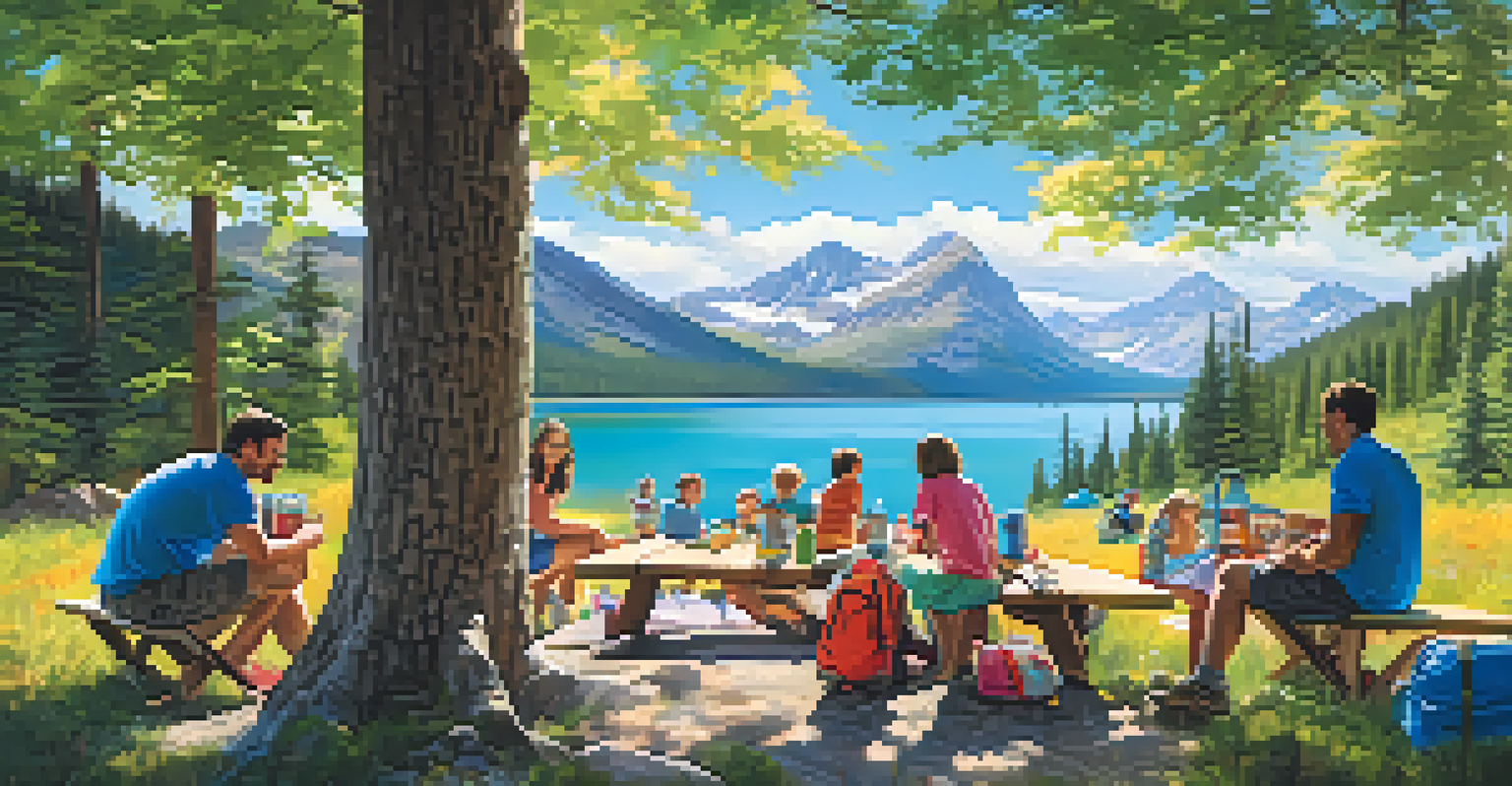 A family enjoying a modern camping day in a scenic national park with a lake and mountains.