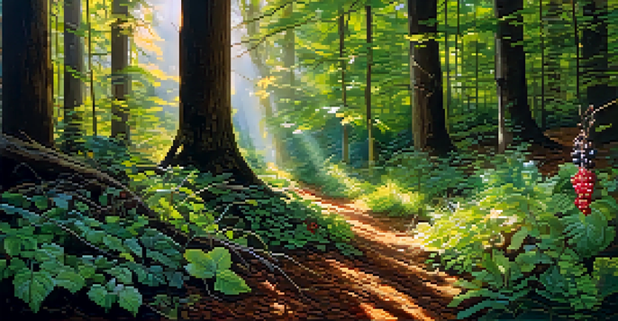 A lush forest filled with colorful wild edible plants like berries and leafy greens under sunlight, emphasizing the beauty of nature.