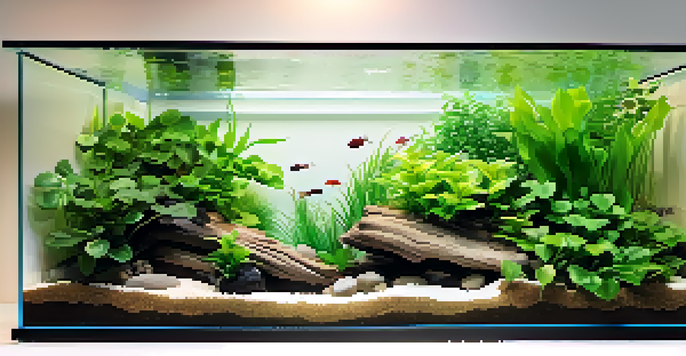 A tranquil underwater landscape with various aquatic plants, smooth rocks, and driftwood illuminated by soft lighting.