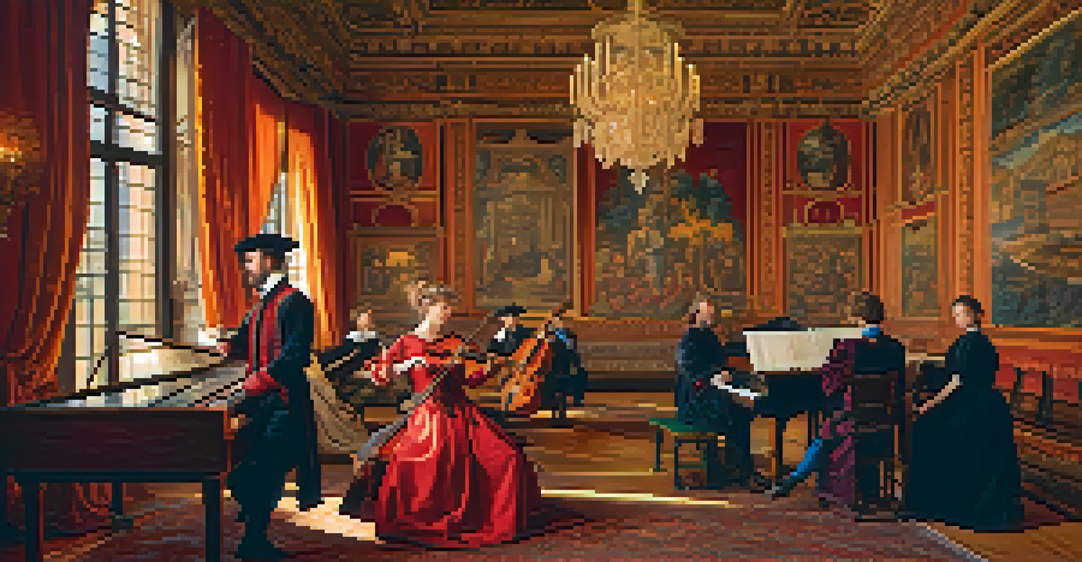 Musicians in Renaissance attire playing instruments in an ornate room filled with colorful tapestries and warm light.