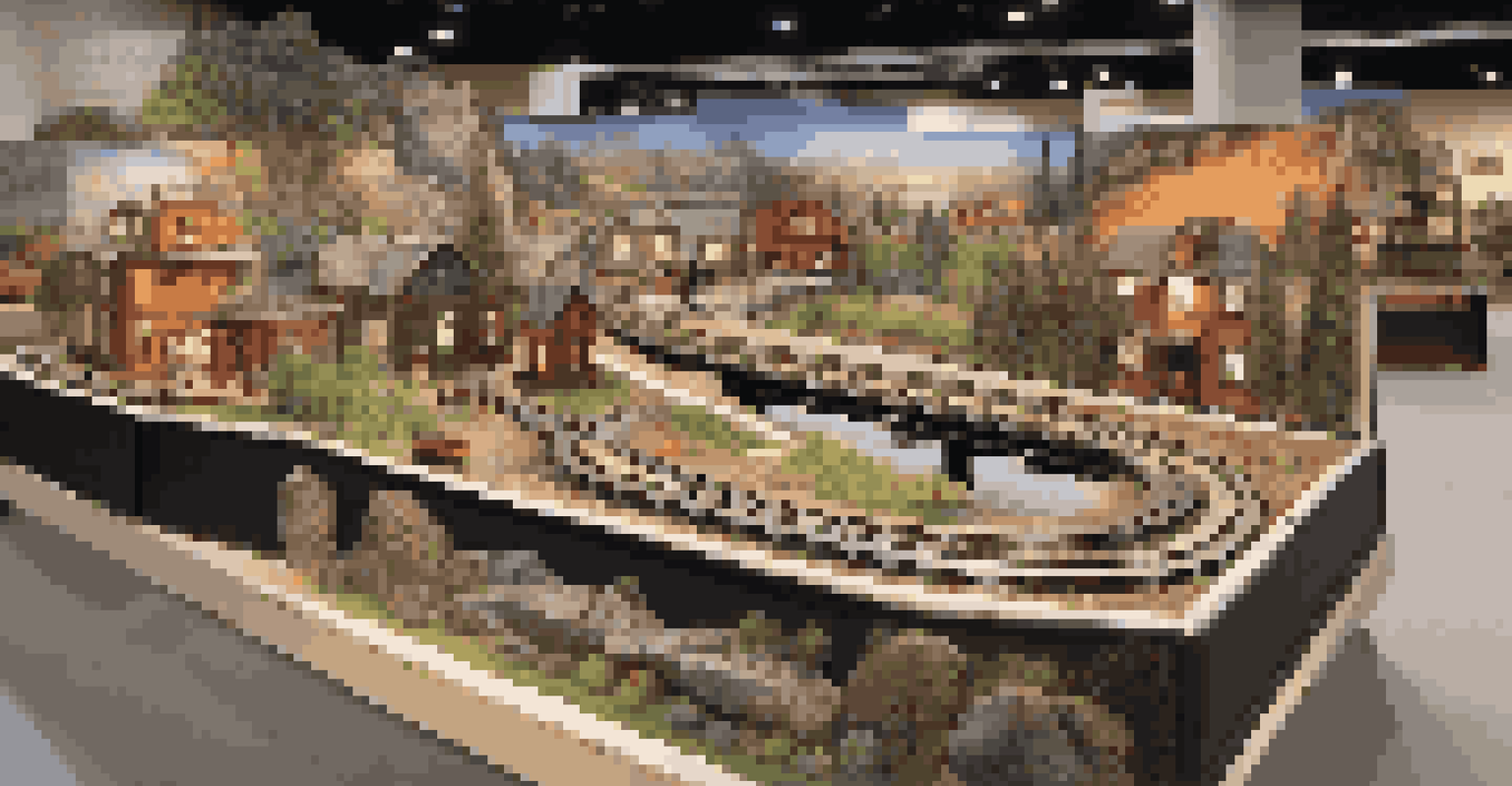 Visitors interacting with a model railroad exhibit, pressing buttons for sound effects and observing movable train pieces.