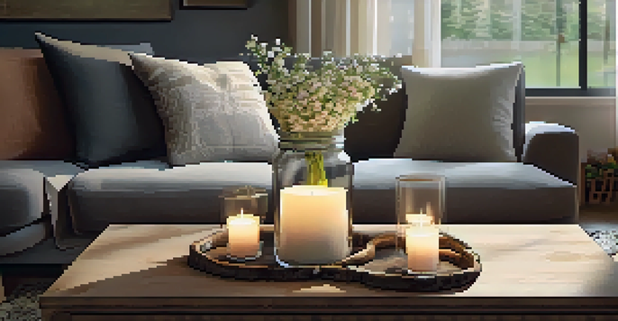 A cozy living room with a wooden coffee table and a glass jar candle holder, lit and surrounded by decorative stones and flowers.