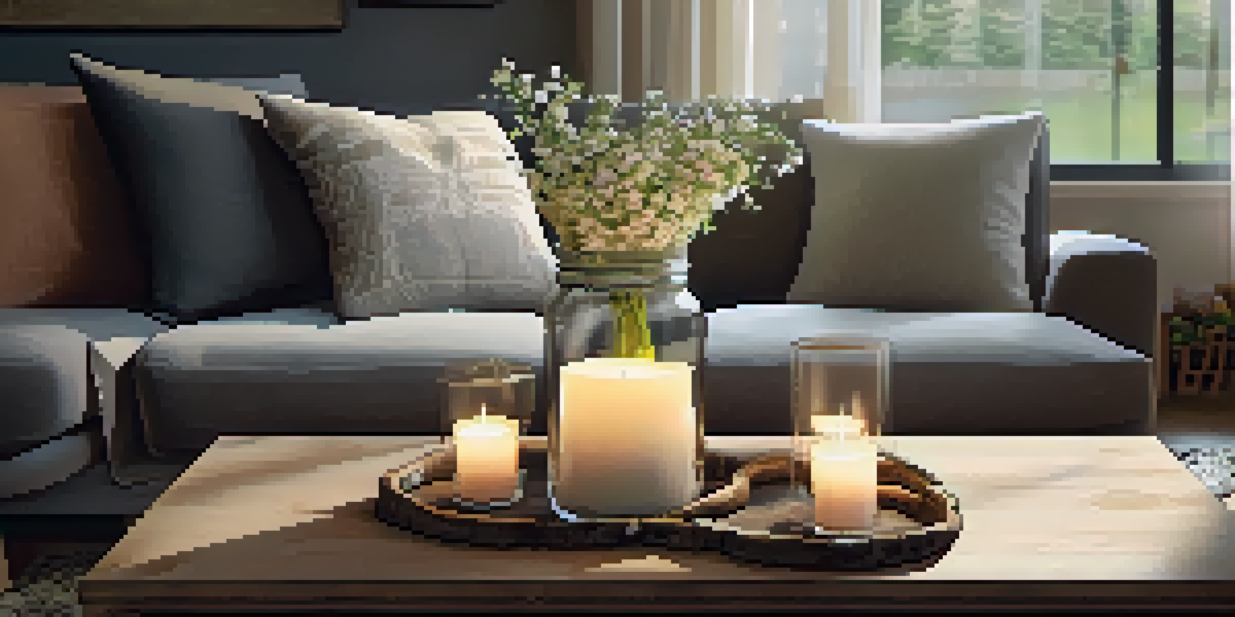 A cozy living room with a wooden coffee table and a glass jar candle holder, lit and surrounded by decorative stones and flowers.