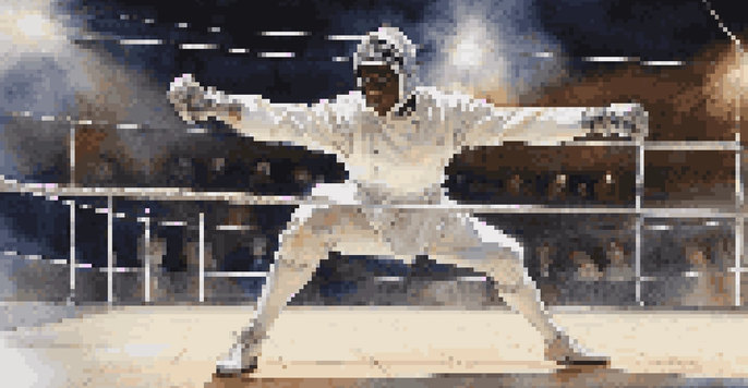 A fencer in a white uniform ready for action on a fencing strip, with a spotlight highlighting their focused expression and shiny blade.