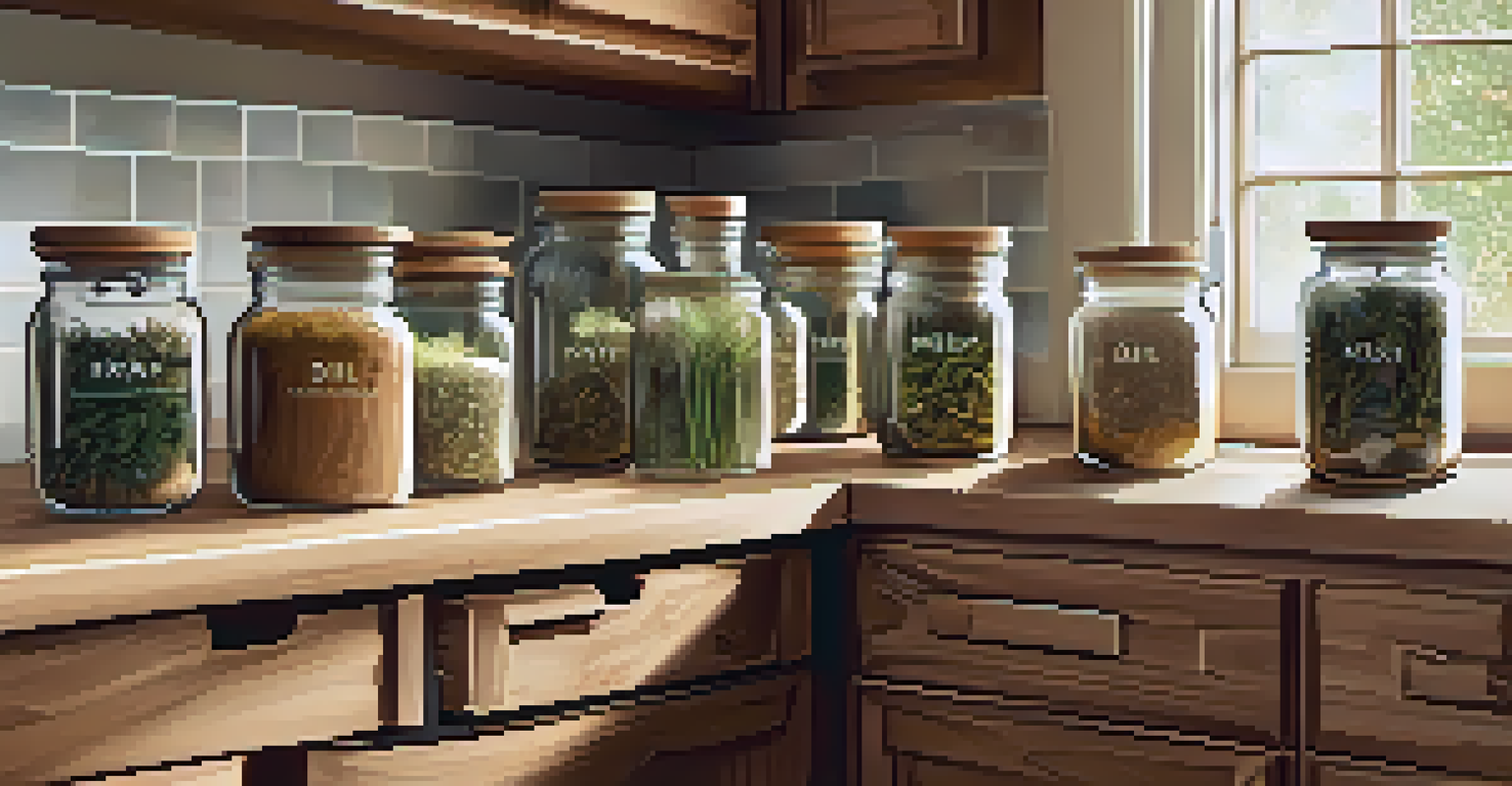 Clear glass jars filled with dried herbs on a kitchen counter, each jar labeled and set against a warm kitchen backdrop.