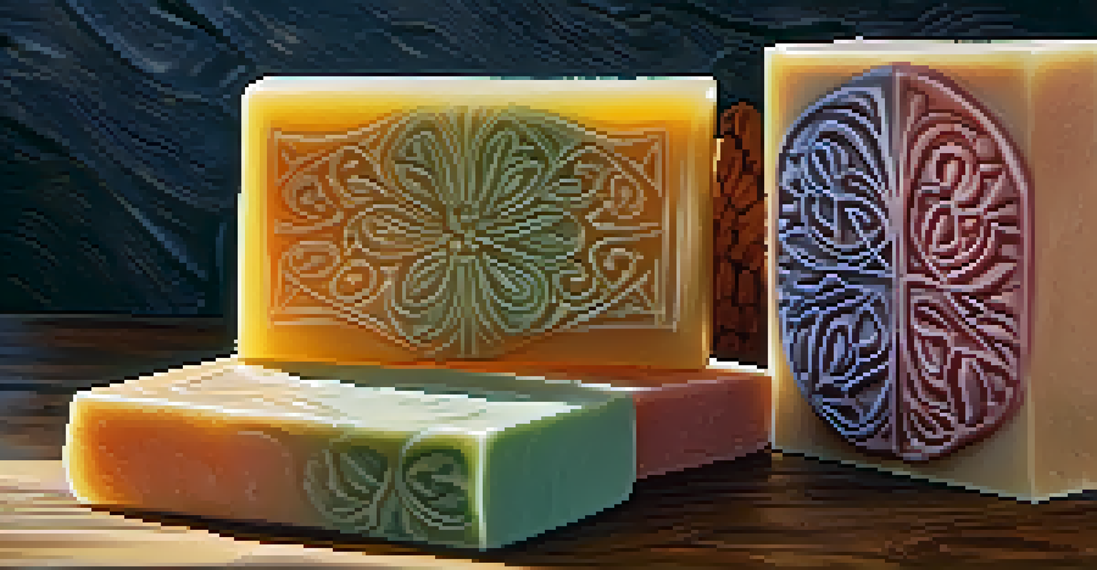 A close-up of a colorful soap bar with intricate designs on a textured wooden surface.