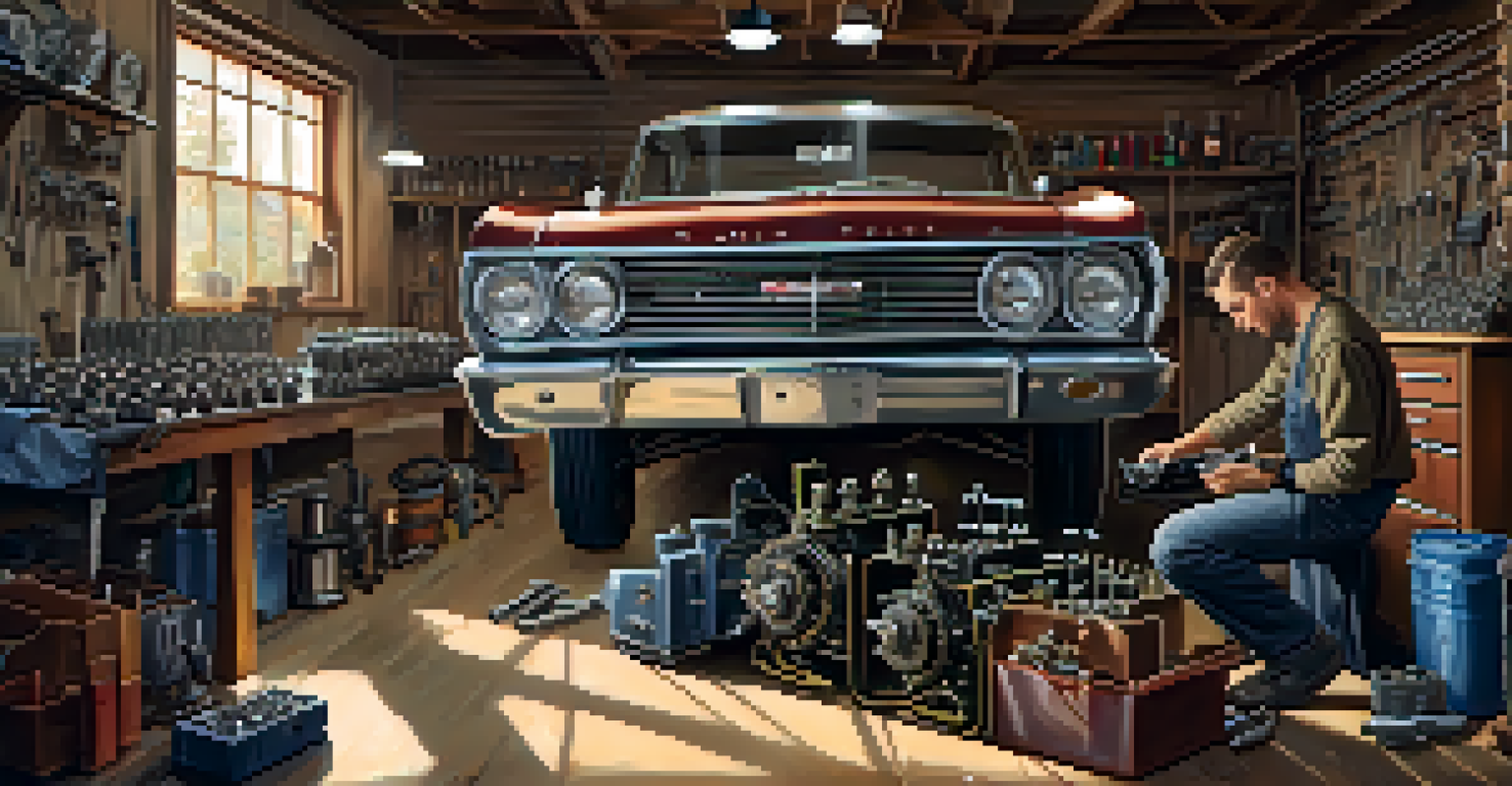 A mechanic reassembling a vintage car engine in a tidy garage, with labeled bags of parts around him.