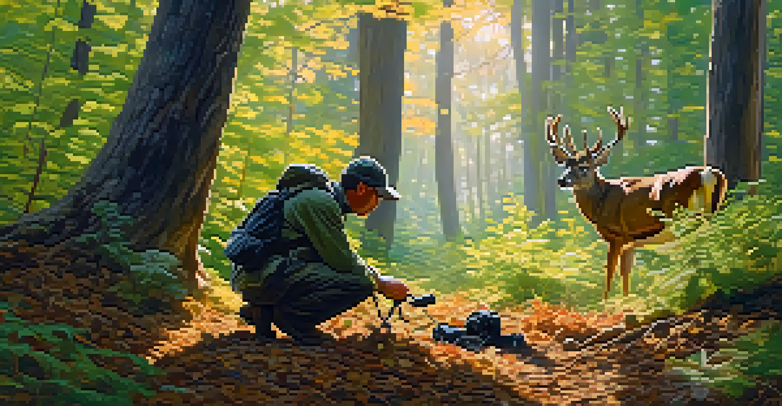 A photographer crouching in a forest, taking a photo of a deer in a sunlit clearing.
