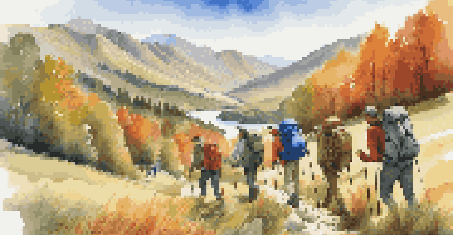 A diverse group of hikers trekking through a picturesque valley with rolling hills, a river, and autumn foliage.