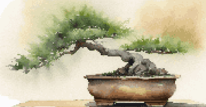 A tranquil bonsai tree in a rustic clay pot, surrounded by soft light and a blurred garden background.