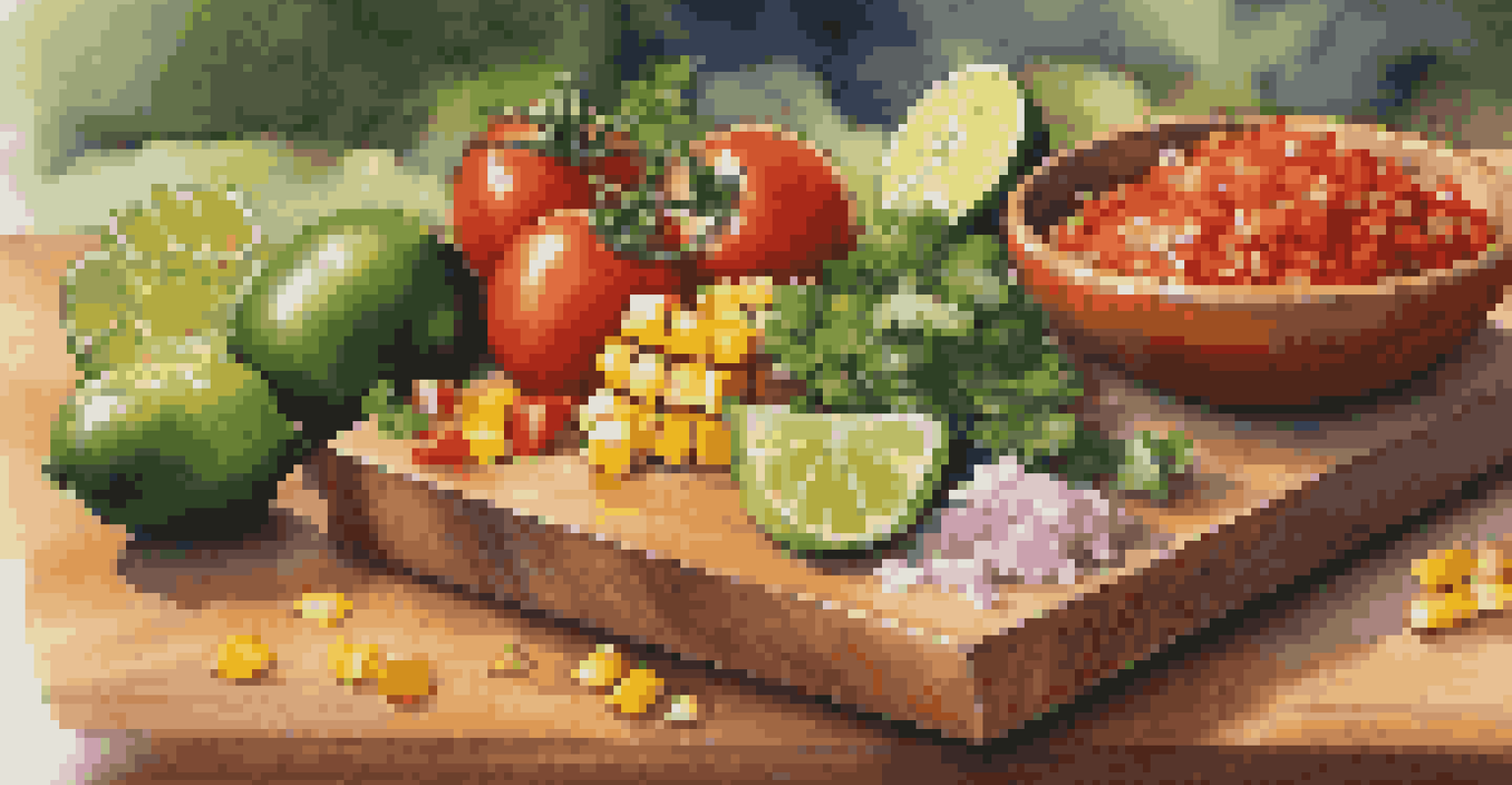 A wooden cutting board with fresh salsa ingredients, including tomatoes, onions, cilantro, lime, mango, and corn, illuminated by natural sunlight.