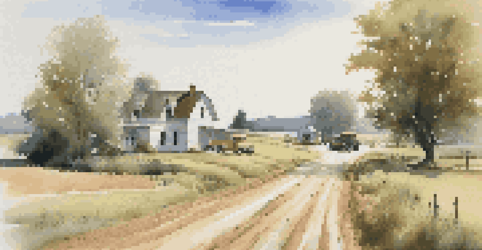 A rural model landscape with a gravel road leading to a farmhouse, surrounded by trees and tall grass.