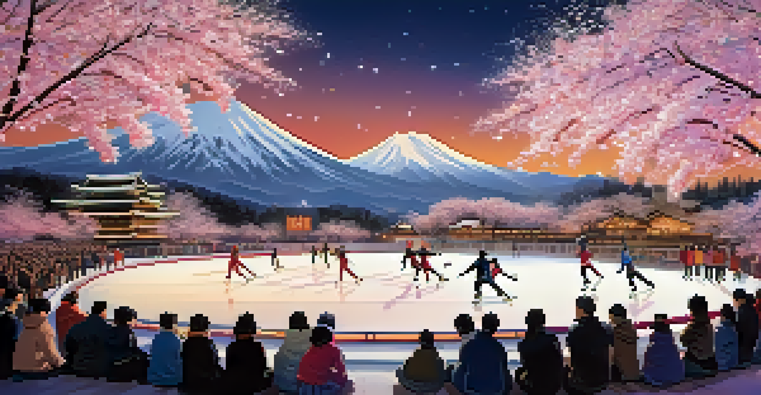 A figure skater performing on a cherry blossom-themed rink in Japan, surrounded by a captivated audience.