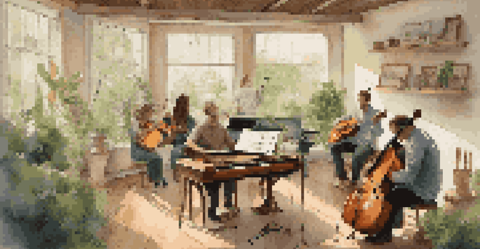 A diverse group of musicians collaborating in a bright music studio, surrounded by instruments and sheet music.