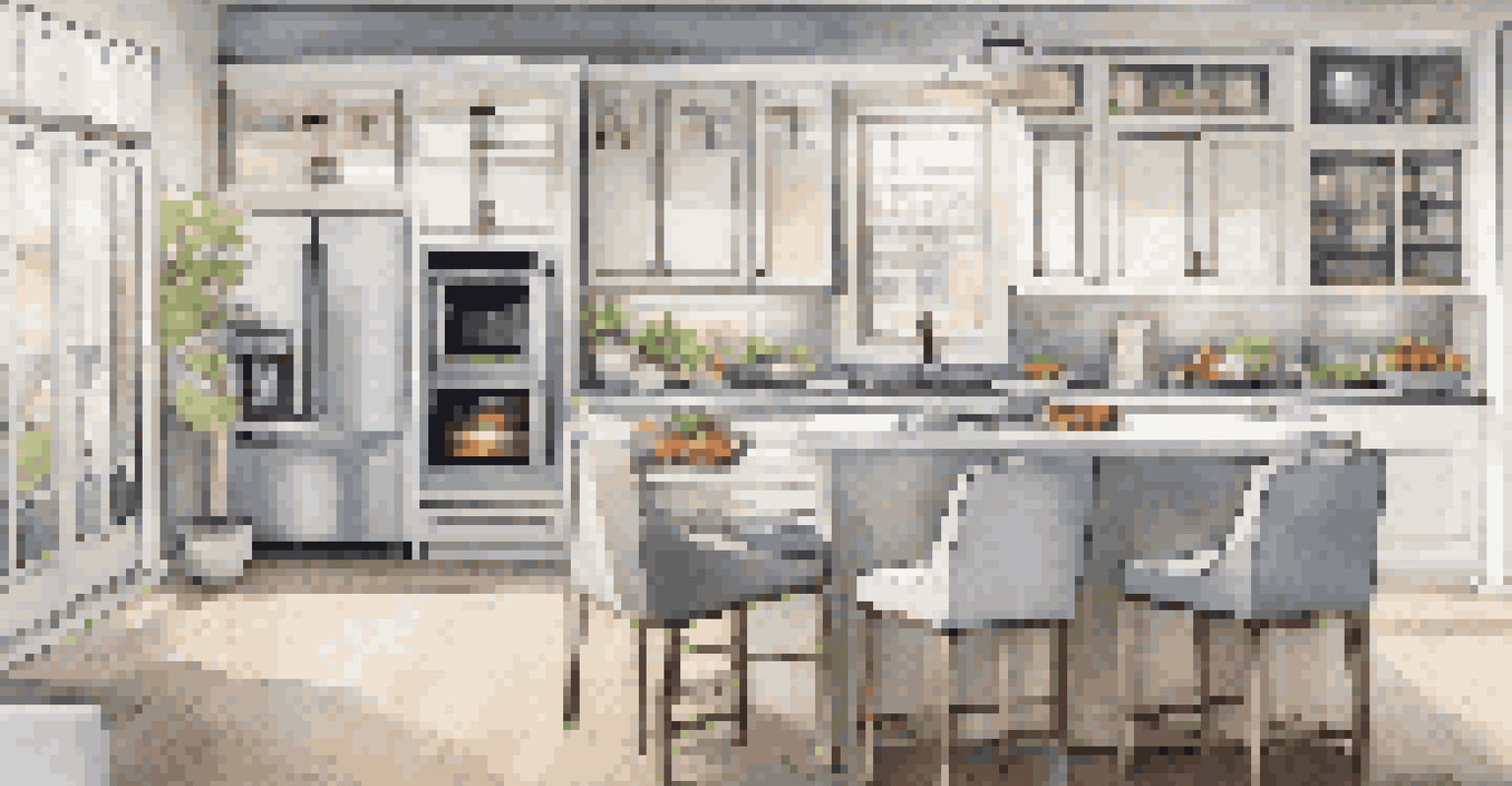 An elegant kitchen with smart appliances and a person using a smartphone to control them.
