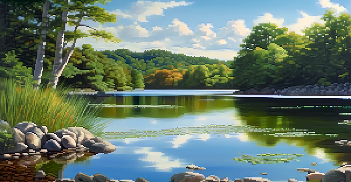 A peaceful model landscape with a clear lake reflecting the sky and surrounded by green trees and rocks.