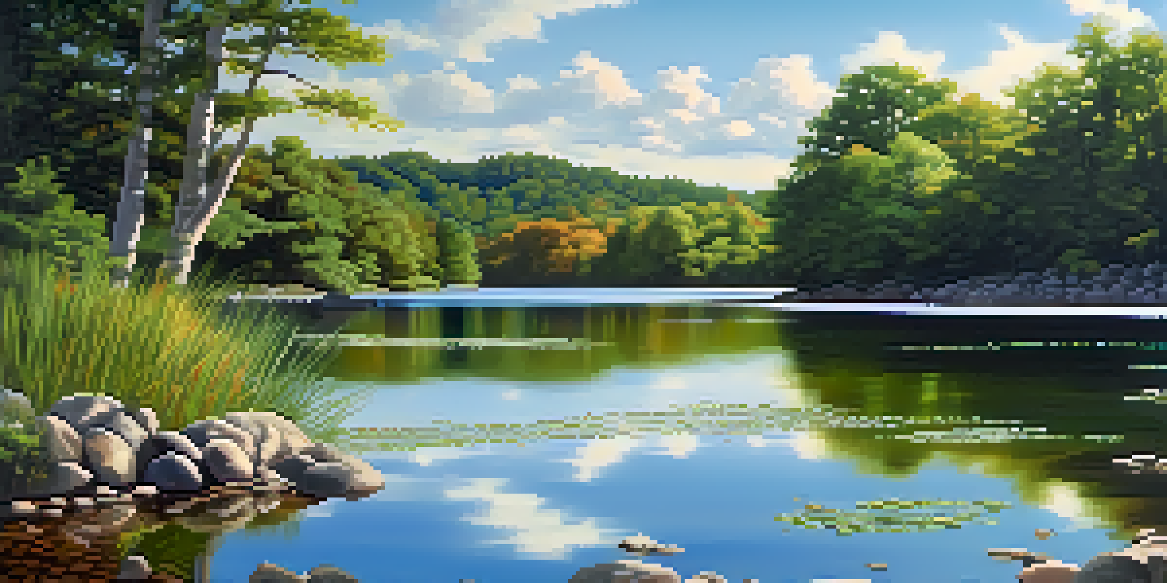 A peaceful model landscape with a clear lake reflecting the sky and surrounded by green trees and rocks.