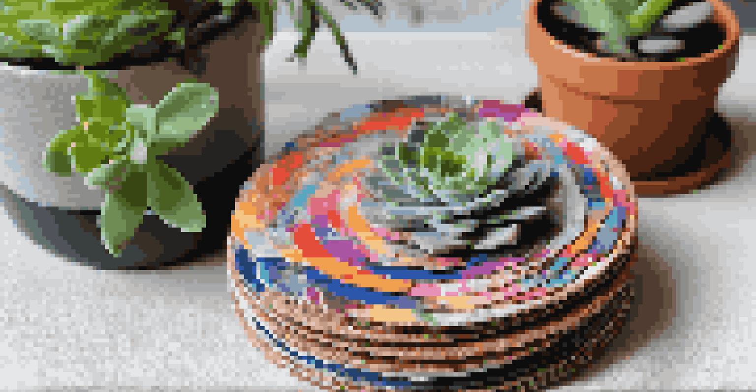 A colorful arrangement of upcycled coasters made from CDs, fabric, and cork, with a succulent in the background on a linen tablecloth.