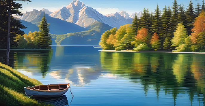 A peaceful lake scene with surrounding mountains, a wooden boat on the water, and sunlight filtering through trees.