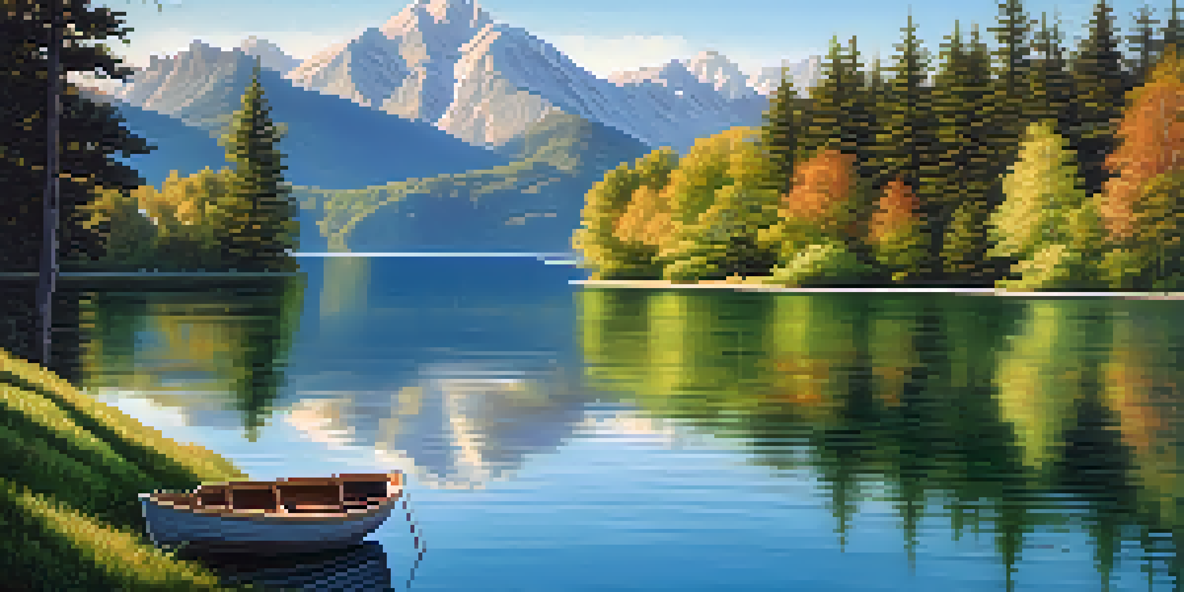 A peaceful lake scene with surrounding mountains, a wooden boat on the water, and sunlight filtering through trees.