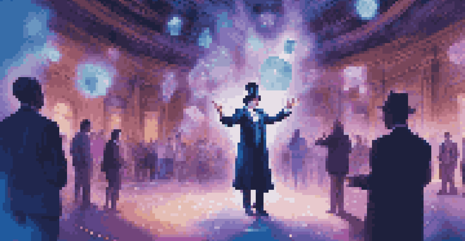A modern magician performing with augmented reality in an urban setting, surrounded by holographic images and engaging an amazed audience.