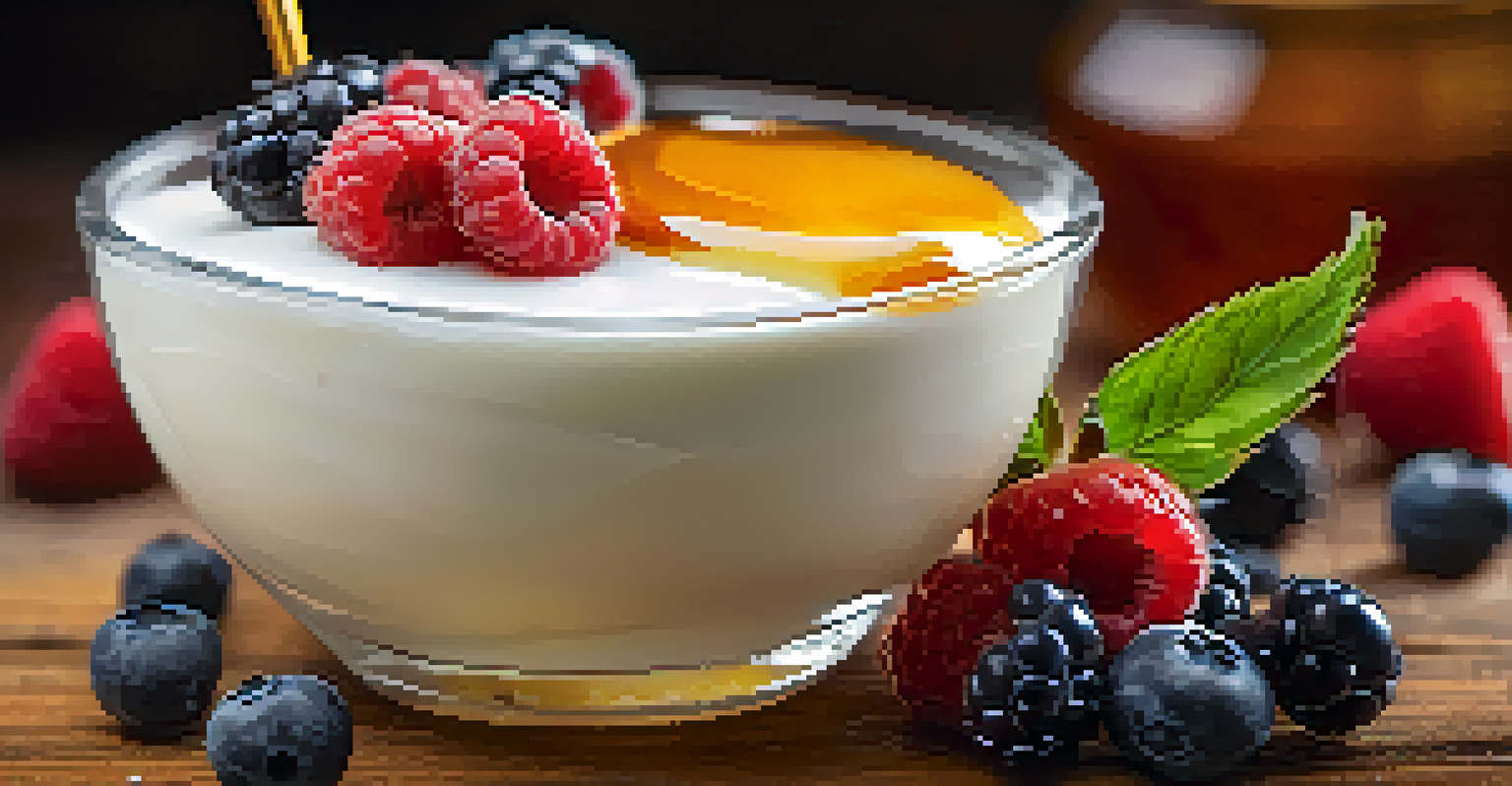 A close-up of a spoonful of yogurt topped with fresh berries and honey on a rustic wooden surface, highlighting the creamy texture and vibrant colors.