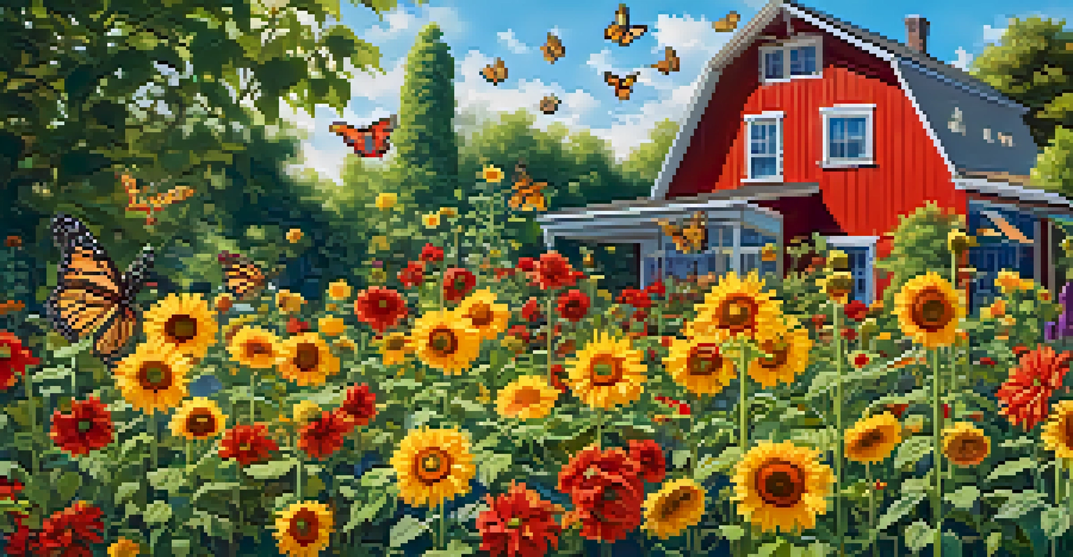A sunny summer garden with tall sunflowers, zinnias, and tomato plants, under a clear blue sky with butterflies fluttering.