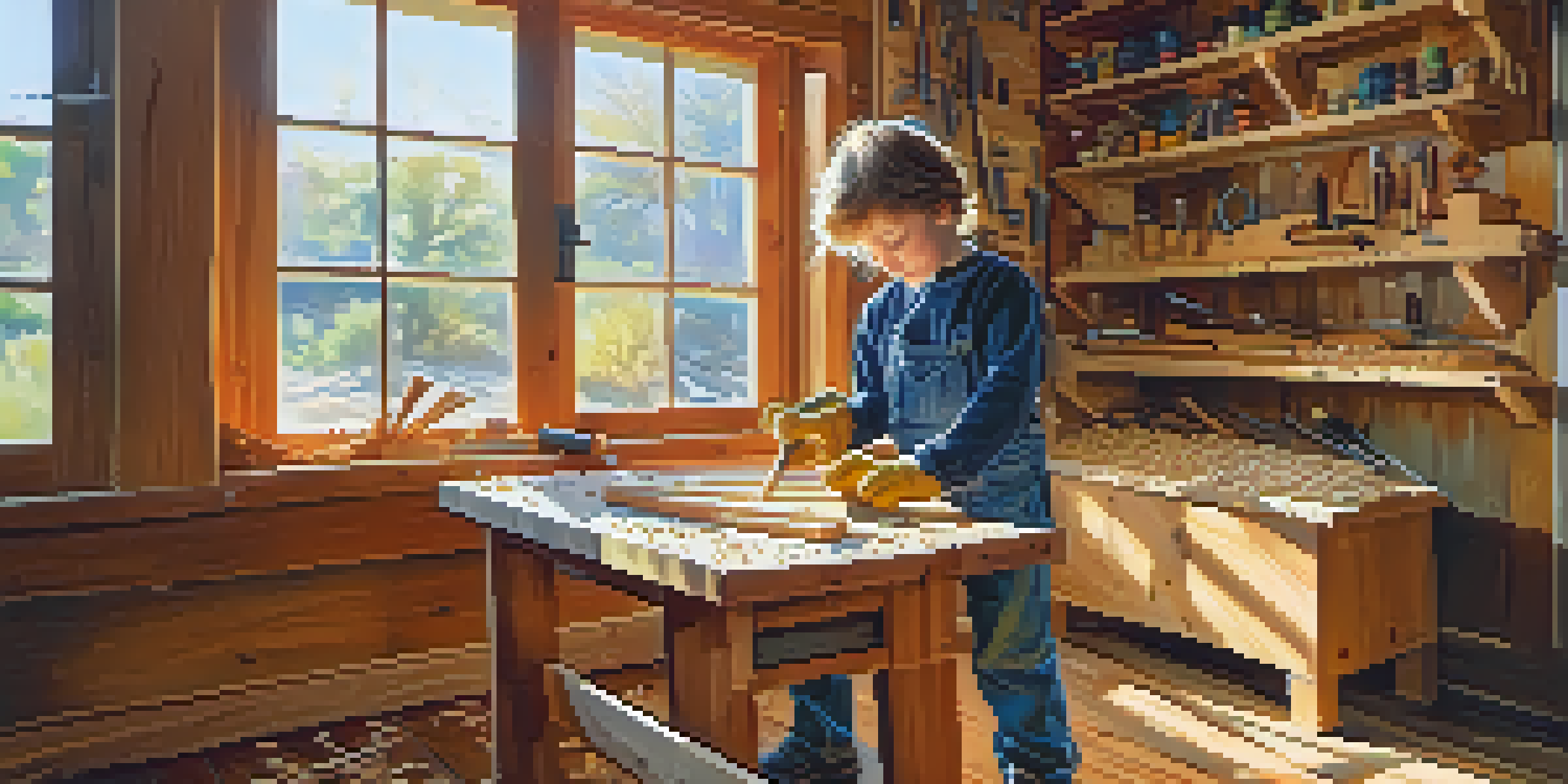 A child in a woodworking workshop, measuring wood with safety goggles and gloves, surrounded by colorful wooden creations and sunlight.