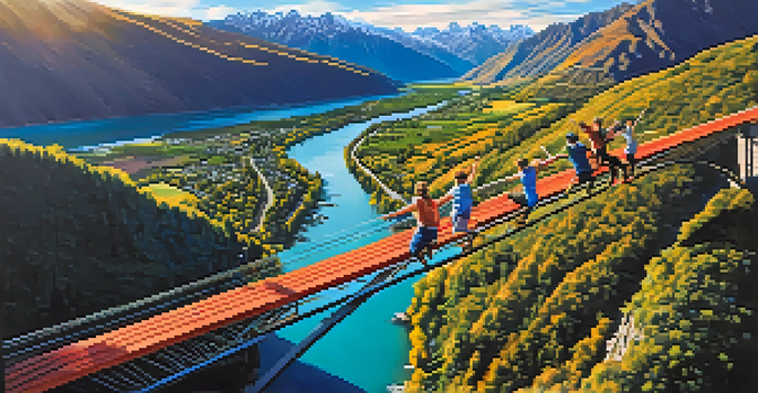 A scenic view of bungee jumpers leaping from the Kawarau Bridge in Queenstown, framed by towering mountains and a shimmering river.