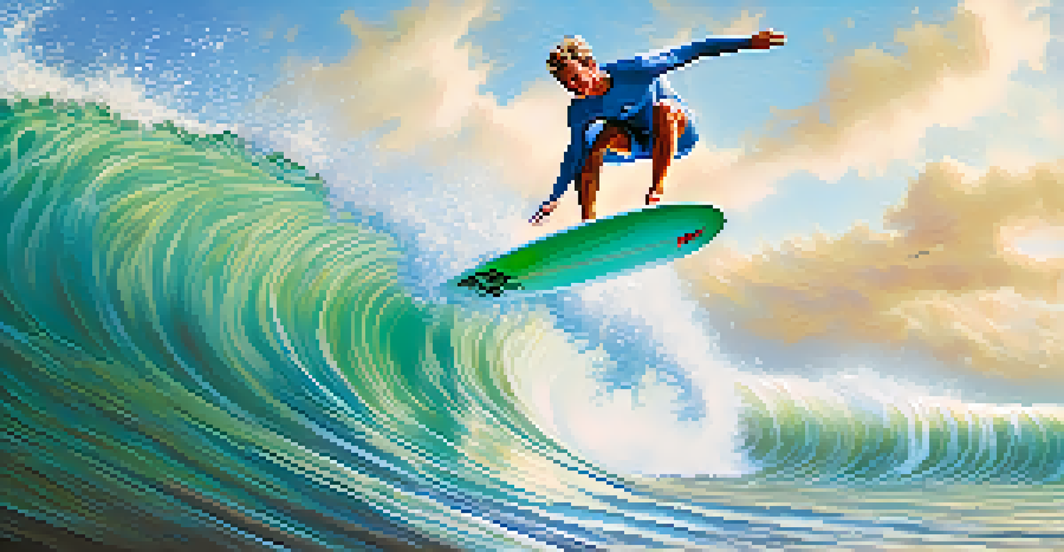An experienced surfer executing an aerial trick on a shortboard above a wave, with a beautiful coastline and sunny sky in the background.