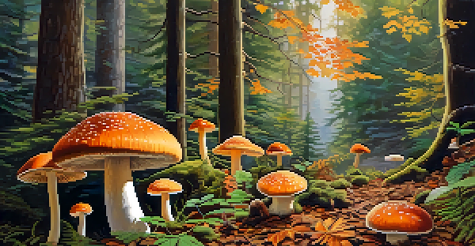 A forest floor covered with colorful wild mushrooms surrounded by fallen leaves, illuminated by sunlight filtering through the trees.