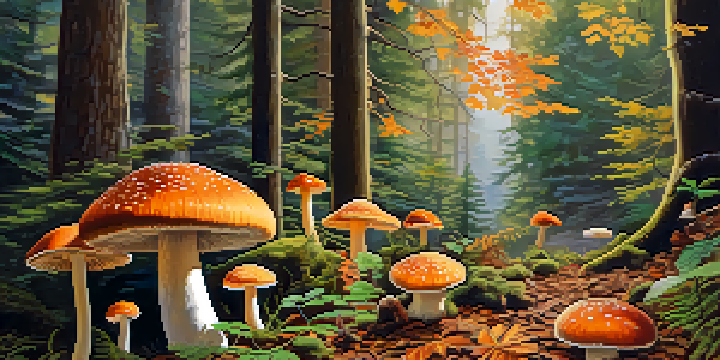 A forest floor covered with colorful wild mushrooms surrounded by fallen leaves, illuminated by sunlight filtering through the trees.