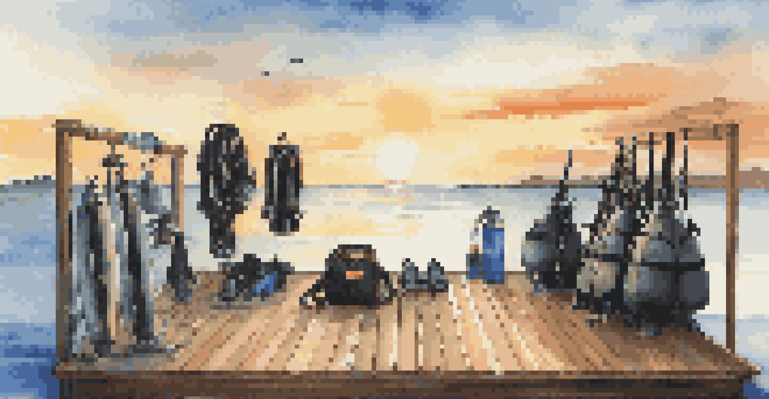 Scuba diving equipment arranged on a wooden dock with the sunset reflecting on the water in the background.