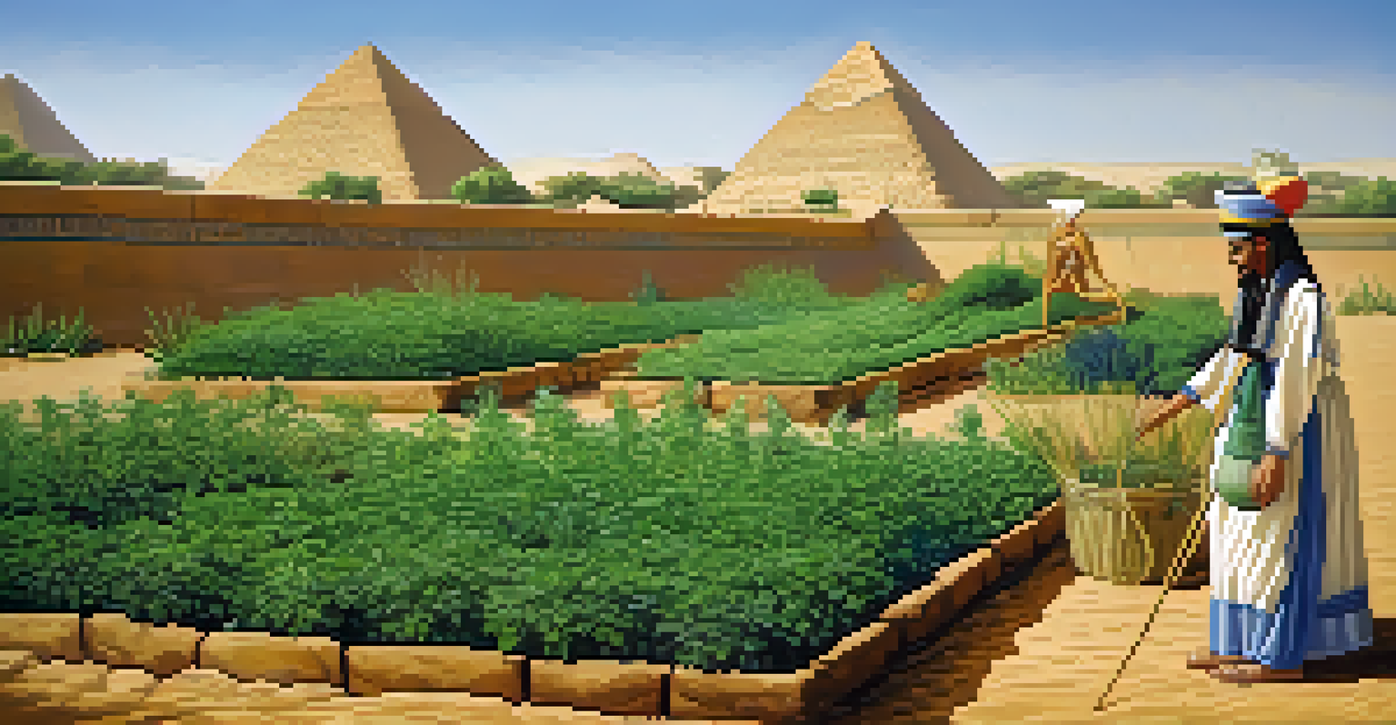 An ancient Egyptian gardener in traditional attire tending to a herb garden with pyramids in the background.