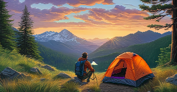 A hiker setting up a tent at sunset in a national park, with a backpack nearby and colorful sky.