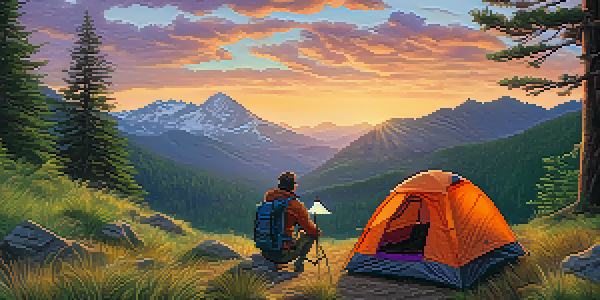 A hiker setting up a tent at sunset in a national park, with a backpack nearby and colorful sky.