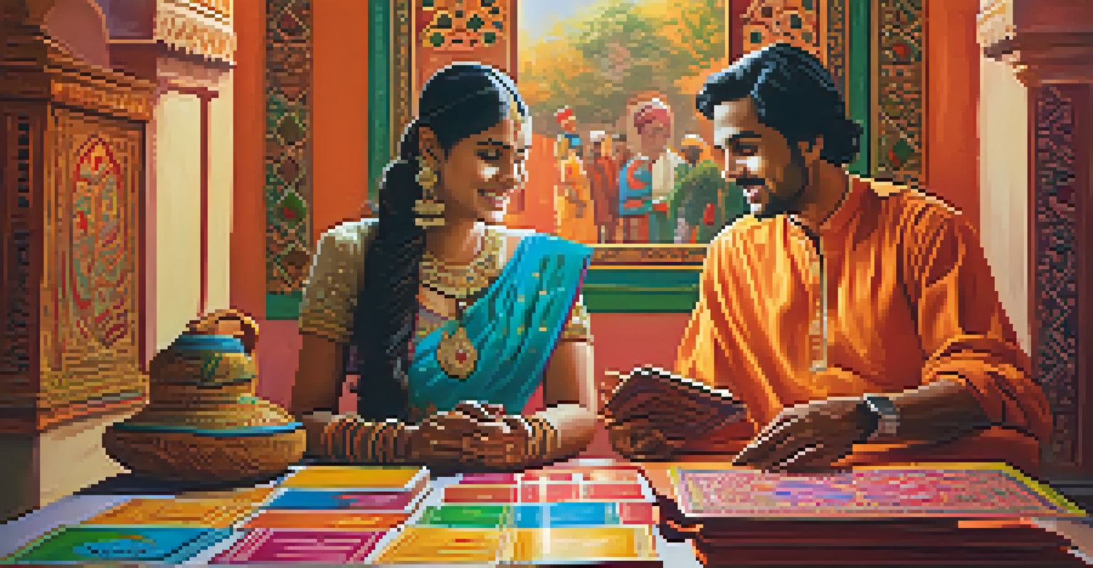 A couple playing Jaipur with colorful cards on a brightly colored table, surrounded by Indian decor.