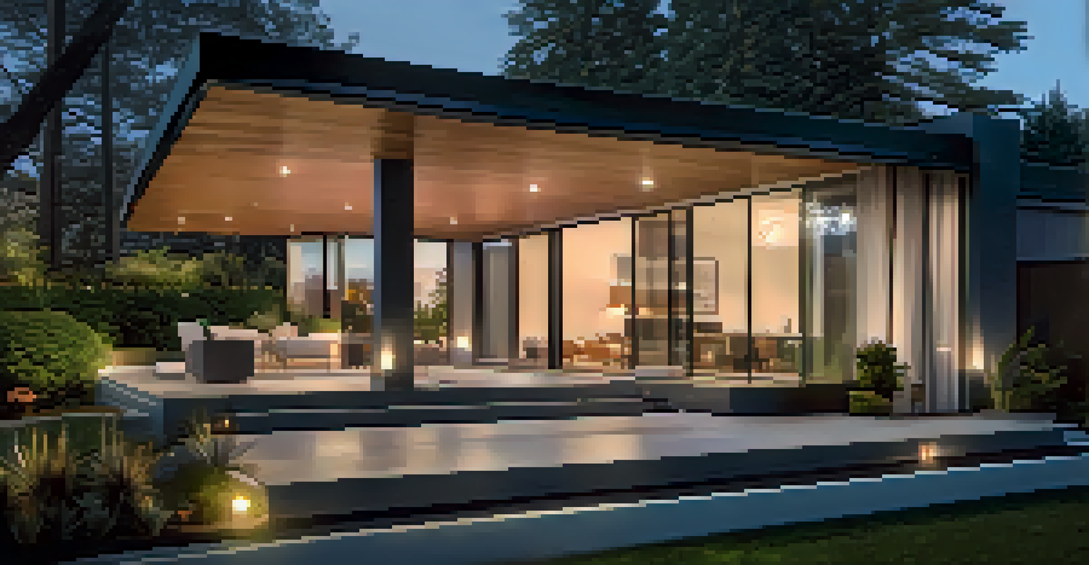 An exterior view of a smart home with outdoor lights turning on at dusk, highlighting a modern architectural design.