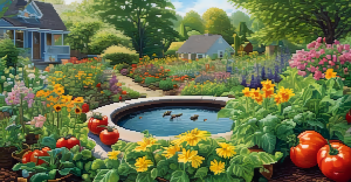 A colorful organic garden with a variety of flowers and vegetables, alive with insects and birds.